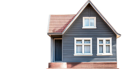 Wooden House Illustration With Grey Walls Red Roof White Windows And Black Door Set Against Sky Background A Realistic Image