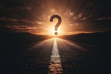 A road stretches towards a bright sunset with a big question mark