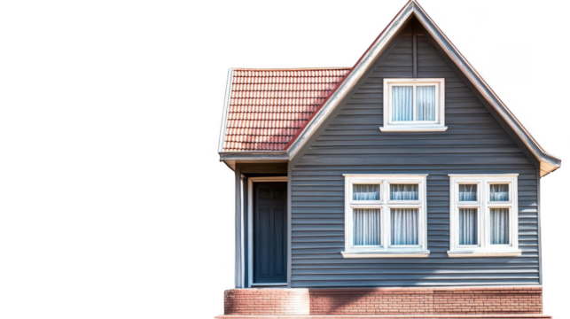 Wooden House Illustration With Grey Walls Red Roof White Windows And Black Door Set Against Sky Background A Realistic Image