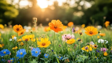 Obraz premium Vibrant wildflowers bask in warm sunset light