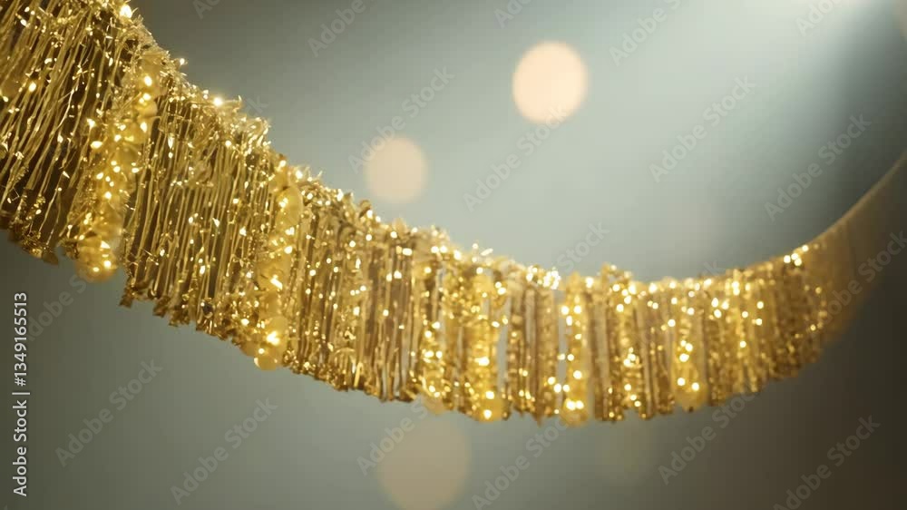 Aufkleber A gold colored string of lights hangs from the ceiling. The lights are lit up and are in a circular shape