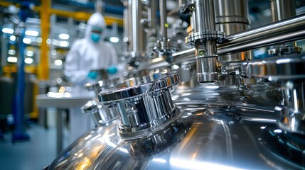 A sterile pharmaceutical cleanroom features gleaming stainless steel equipment and a scientist in protective clothing carefully working amidst advanced biopharmaceutical