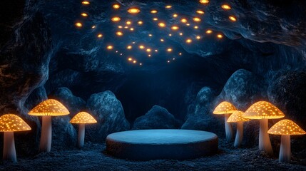 A podium sculpted from dark basalt, set in a mystical cave illuminated by glowing fungi