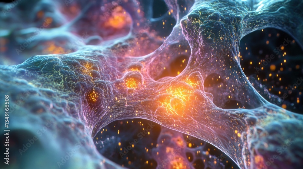 Fototapete microscopic view of intricate network, glowing nodes and particles.