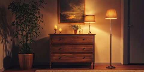 Warm Evening Ambiance: A Cozy Interior Scene with Wooden Chest, Lamps, and Plants