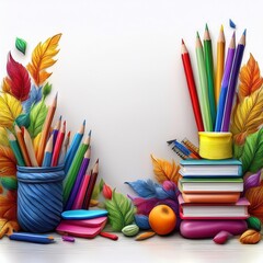 Fototapeta premium border frame of pencils and notebooks background with copy space graphic resource