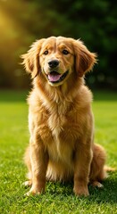 Golden Retriever Puppy Sitting on Green Grass &ndash; Adorable Fluffy Dog

