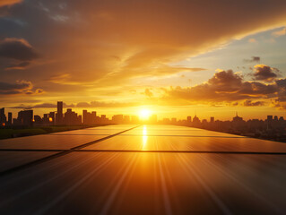 Fototapeta premium stunning sunset over vibrant cityscape, showcasing solar panels reflecting golden light, symbolizes sustainable energy