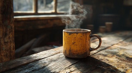 Steaming hot drink in rustic mug on wooden table in old workshop.