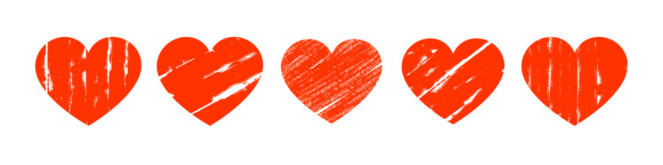 Drawn hearts. Set of red heart. Grunge style. Valentine's Day. Vector illustration
