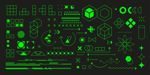 Obraz premium Set of technological shapes. Futuristic design elements. Geometric symbols. Squares and cubes, circles and hexagons. Vector illustration.