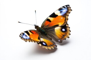 Obraz premium Peacock Butterfly Spreading Wings with Orange, Blue and Black Markings Isolated