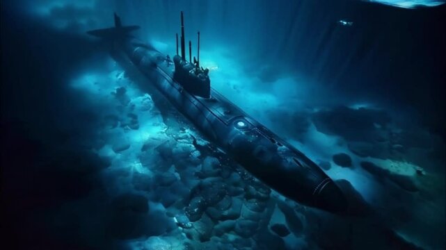Large submarine floating in middle of deep ocean during mission, abstract vivid composition consists of fictional unreal fantastic vision on background