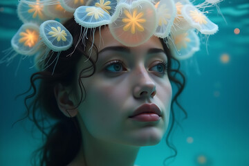 A woman floating underwater, surrounded by glowing jellyfish that cast a soft, ethereal light. AI-generated