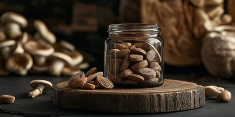 Glass jar filled with dried apricot kernels on wooden surface.