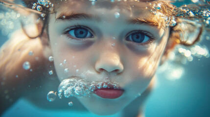Captivating Underwater Portrait of a Child with Blue Eyes, Surrounded by Bubbles, Capturing the Beauty and Joy of Swimming and Playfulness in a Pool Environment