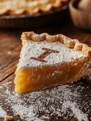 Slice of lemon pie with powdered sugar on wooden table