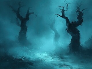Moody teal painting of barren trees in a misty forest. Perfect for horror, fantasy, or mystery themes.