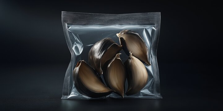 Vacuum-sealed black garlic cloves on black background.