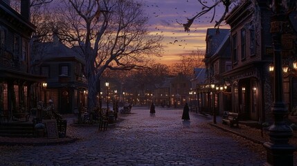 Sleepy hollow town square at dusk, cobblestone streets, dim lanterns, eerie silence, cloaked figures walking in the distance, orange and purple sky
