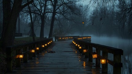 Sleepy hollow bridge over a dark river, broken lanterns hanging, mist rolling across the wooden planks, creepy shadows moving in the distance