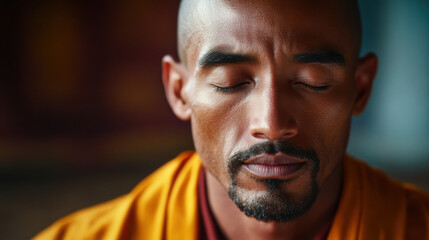 Fototapeta premium Calm and Peaceful Close-Up of a Monk Meditating in a Serene Environment, Focus on Tranquility and Inner Reflection in Spiritual Practice