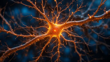A glowing neuron with a complex network of dendrites, synapses, and axons, representing the intricate connections and pathways within the human brain.