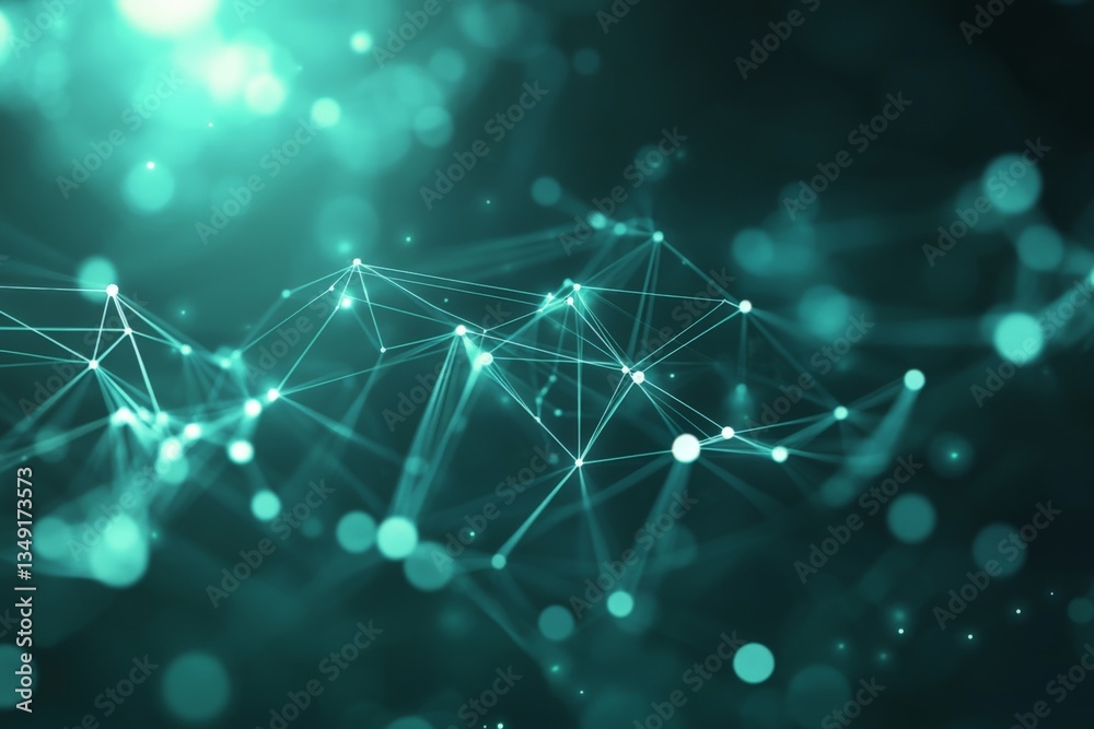 Poster Abstract design with glowing teal lines and dots creating a digital network in a dark background