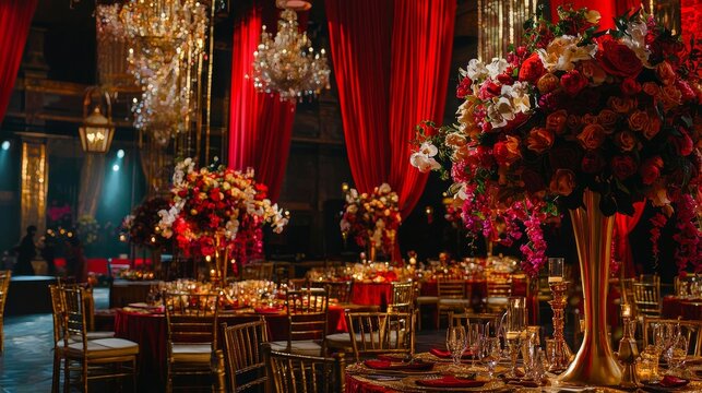 Lavish Indian wedding banquet hall with vibrant red and gold drapes, intricate floral arrangements, large golden chairs, festive mood
