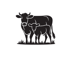 Black Silhouette of Cow and Calf on Grass Farm Life Silhouette