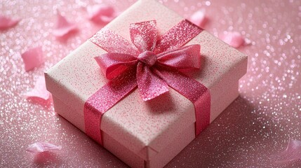 Fototapeta premium Pink gift box with minimalist ribbon design, placed in the center of a glossy pink background, ultra-clean aesthetics