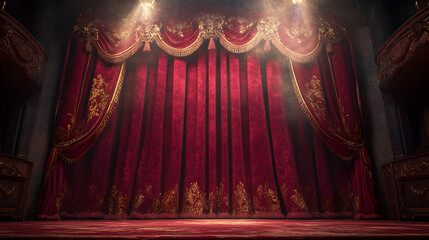 Red velvet stage curtain symbolizing anticipation and drama before a theatrical performance in a historic theater setting at night