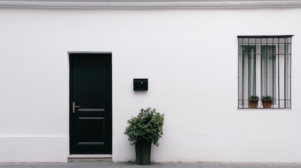 Minimalist white house exterior with black door, window, potted plants, and mailbox.