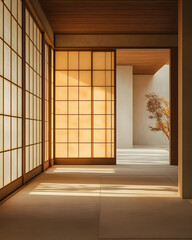 Tranquil interior space with warm light casting shadows through traditional sliding doors and a minimalist design