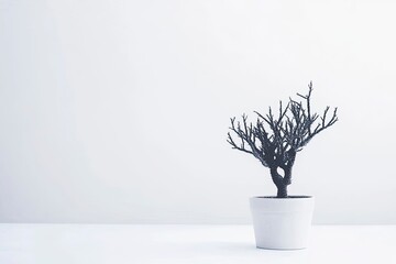 Small Black Tree in White Pot Against Clean White Background
