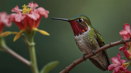 Fototapeta premium A hummingbird perches on a branch amongst vibrant blossoms