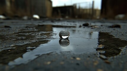 Clear sphere reflecting in puddle on dark ground