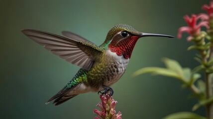 Fototapeta premium Vibrant hummingbird in flight, perched on a flower