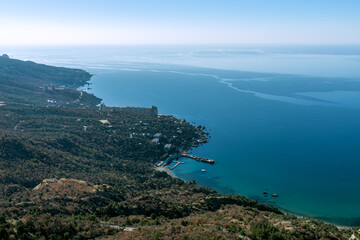 View of seashore from above, seascape. Southern Coast Crimea, Laspi Bay. Spring, March