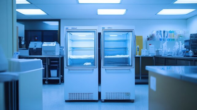 Empty laboratory refrigerators in a sterile, modern facility - Powered by Adobe