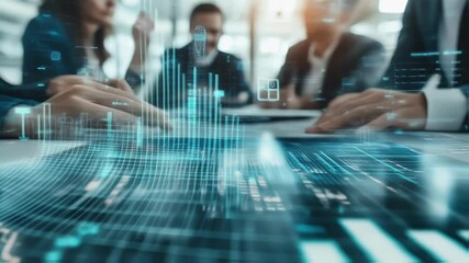 Business team analyzing financial data projected on a futuristic interactive touchscreen interface, working together using innovative technology for investment strategy and market analysis - Powered by Adobe