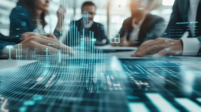 Business team analyzing financial data projected on a futuristic interactive touchscreen interface, working together using innovative technology for investment strategy and market analysis