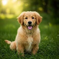 Obraz premium Golden Retriever Puppy Sitting on Green Grass – Adorable Fluffy Dog