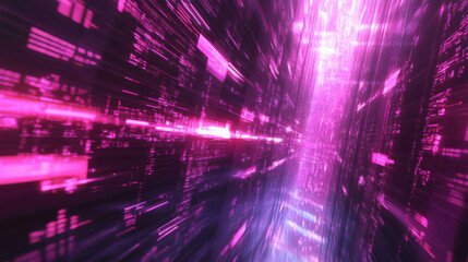 Futuristic Digital Tunnel with Vibrant Pink and Purple Effects Representing Data Flow in a High-Tech Environment, Ideal for Use in Technology and Cyber Themes