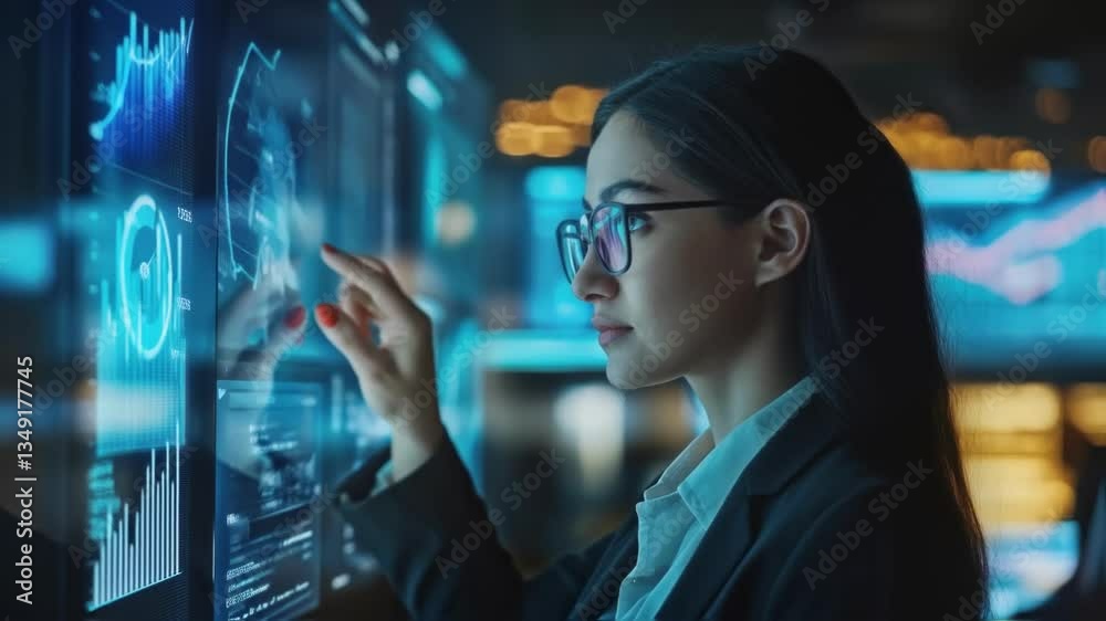 Poster project manager analyzing real time data on multiple screens in a modern control room, working late 