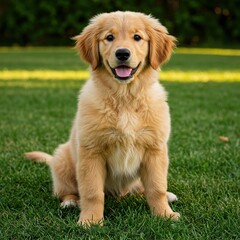 Obraz premium Golden Retriever Puppy Sitting on Green Grass – Adorable Fluffy Dog