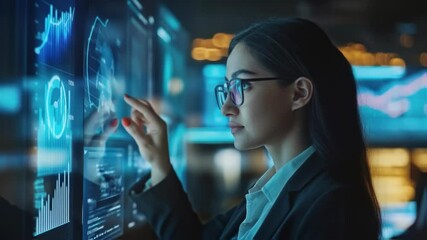 Project manager analyzing real time data on multiple screens in a modern control room, working late to ensure smooth operations and strategic decision making - Powered by Adobe