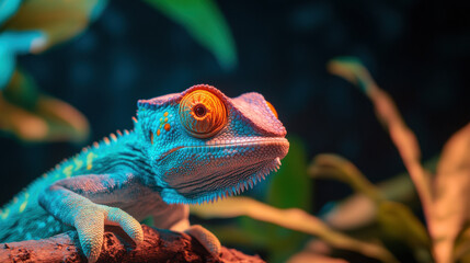 Colorful chameleon resting on branch in natural habitat with vibrant eyes