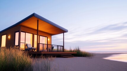 Obraz premium A modern beach house at sunset, surrounded by grass, featuring large windows and a cozy deck overlooking the ocean, sustainable living lifestyle.