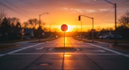 Stop Sign on Road at Golden Hour Sunset in Suburban Neighborhood